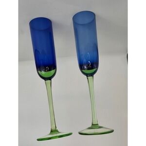 2 Festival Green Blue Block Champagne Flute Glass Stemmed 10.25" no chips cracks